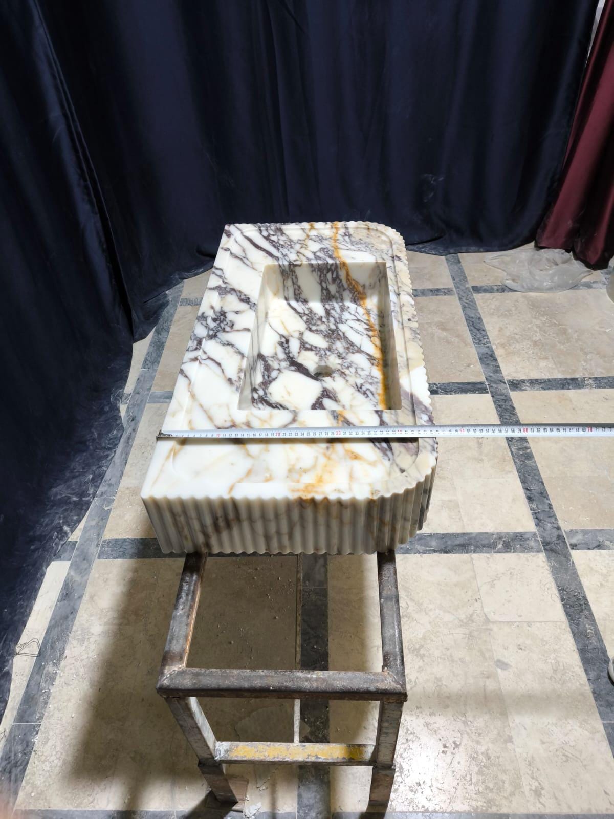 Hand Carved Calacatta Viola Marble Sink: Fluted Vessel Washbasin