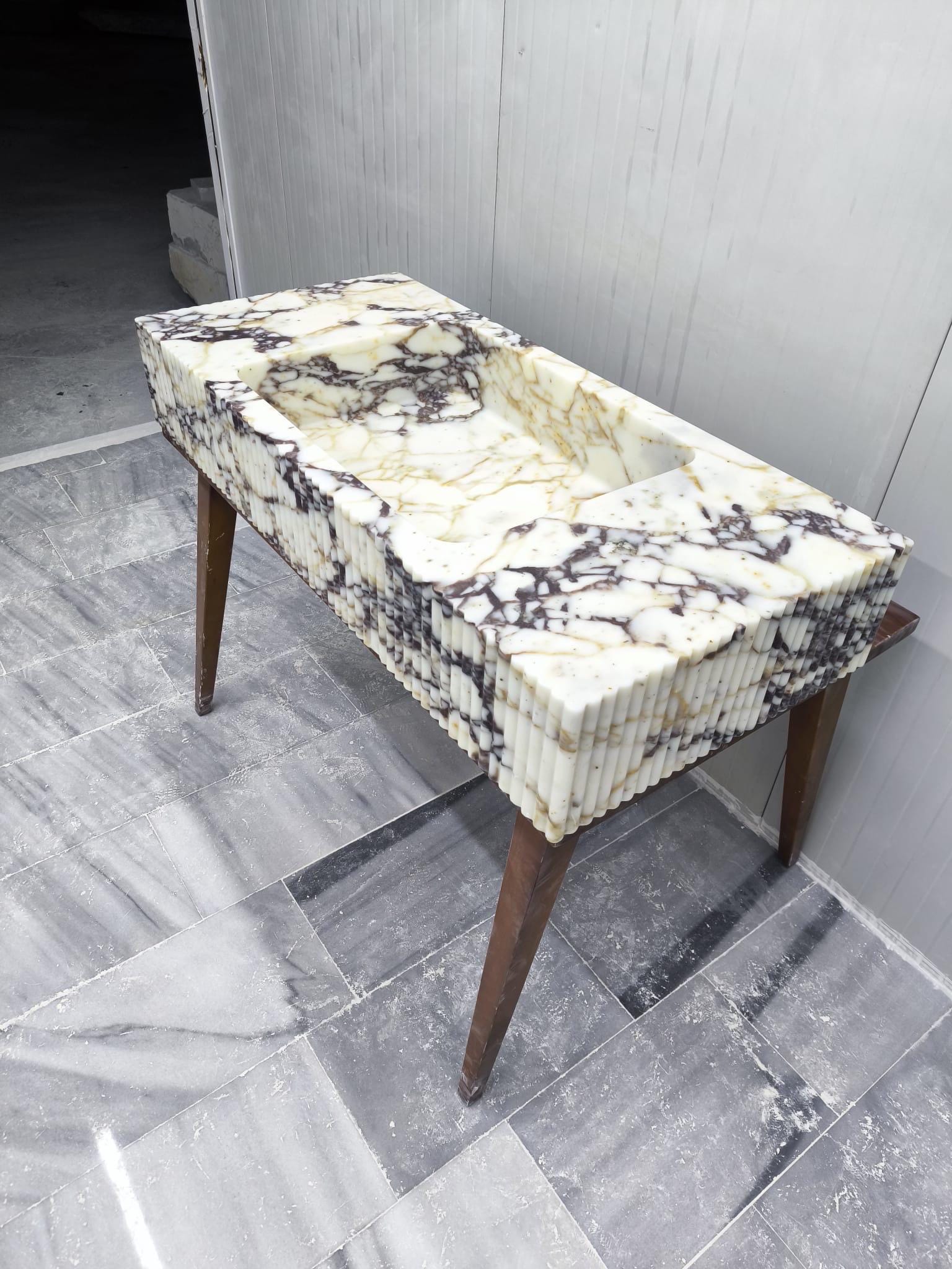 Hand Carved Calacatta Viola Marble Sink: Fluted Wall Mount Vessel 48"x22"x8"