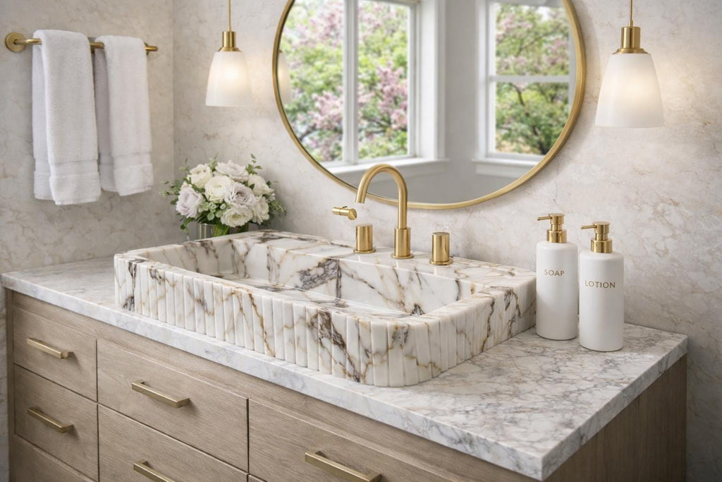 Handcrafted Calacatta Viola Marble Vessel Sink: Rounded Corner Bathroom Basin