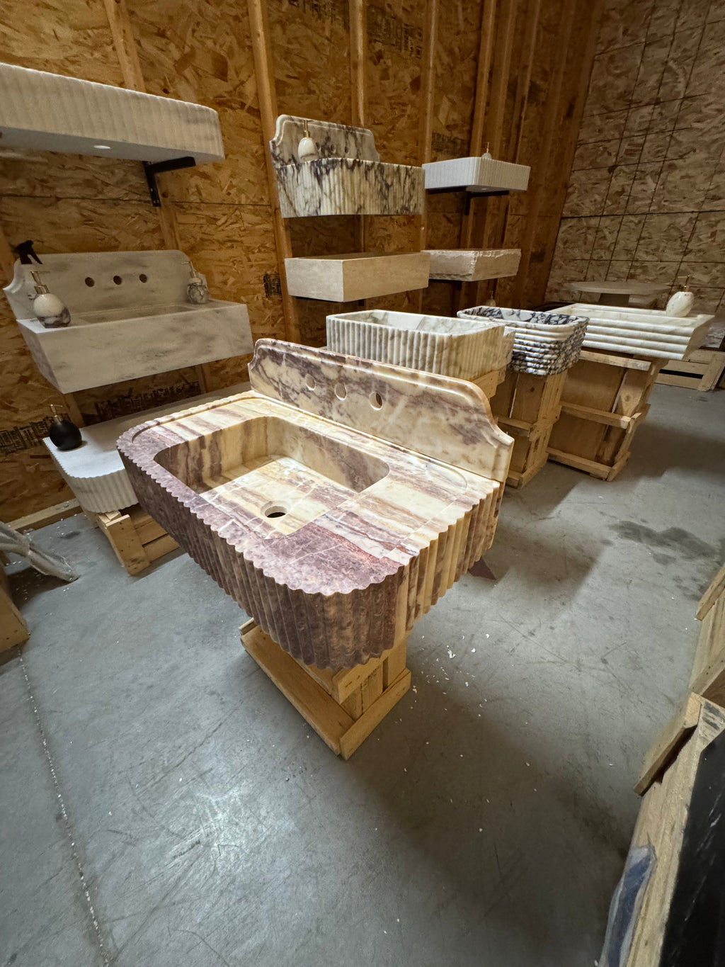 Handmade Pink Marble Sink with Backsplash - Wall Mounted Natural Stone
