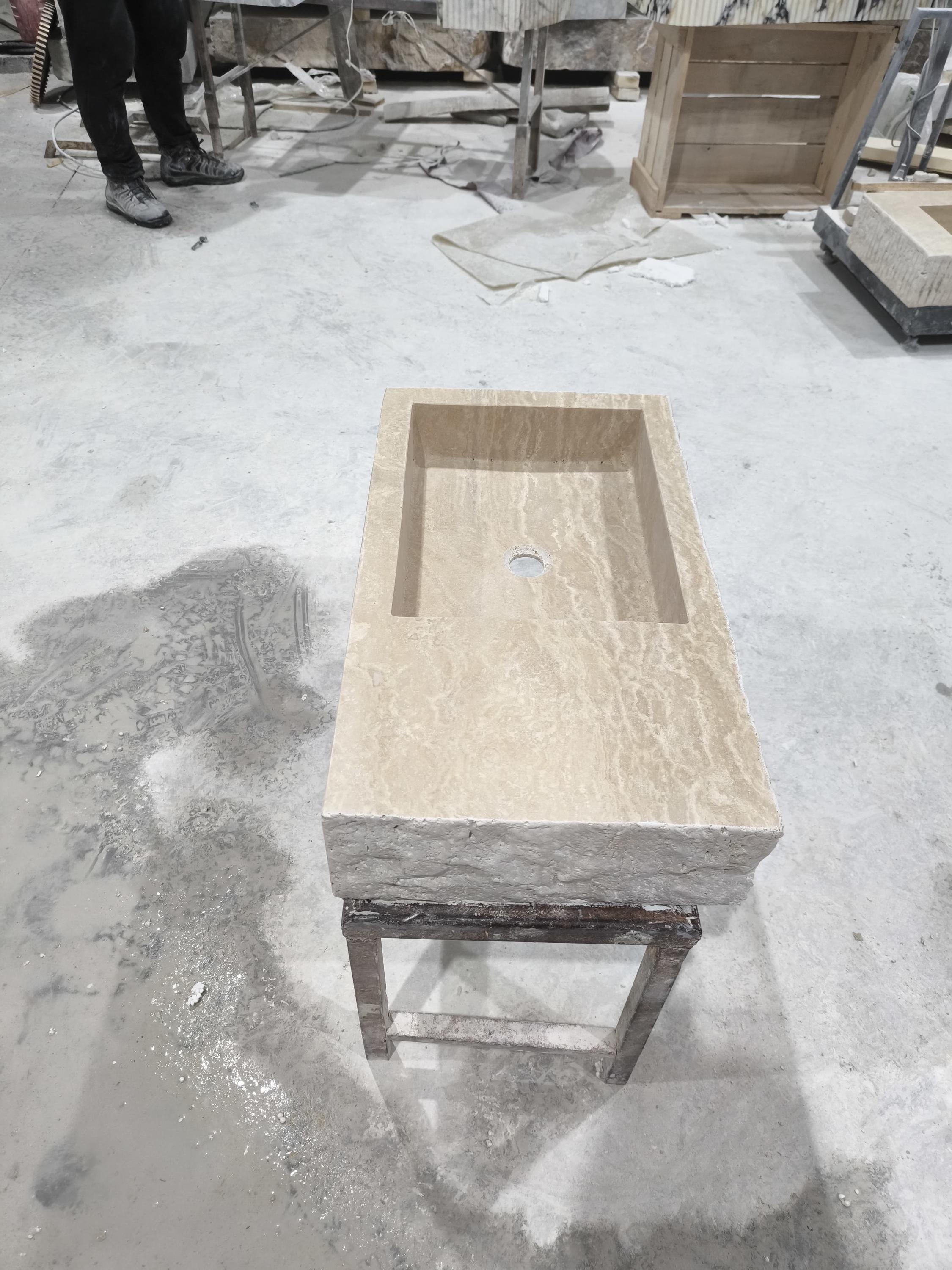 Handcrafted Travertine Marble Sink: Wall Mounted Washbasin with Faucet Hole