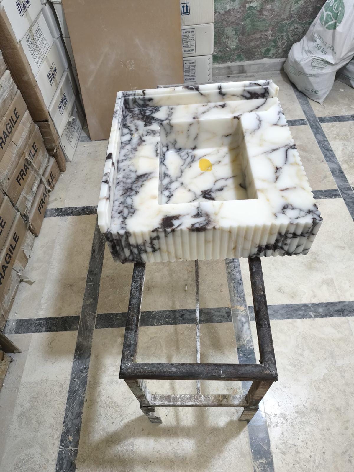 Calacatta Viola Marble Sink: Wall Mounted Bathroom Sink with Backsplash 22"x21"x6"