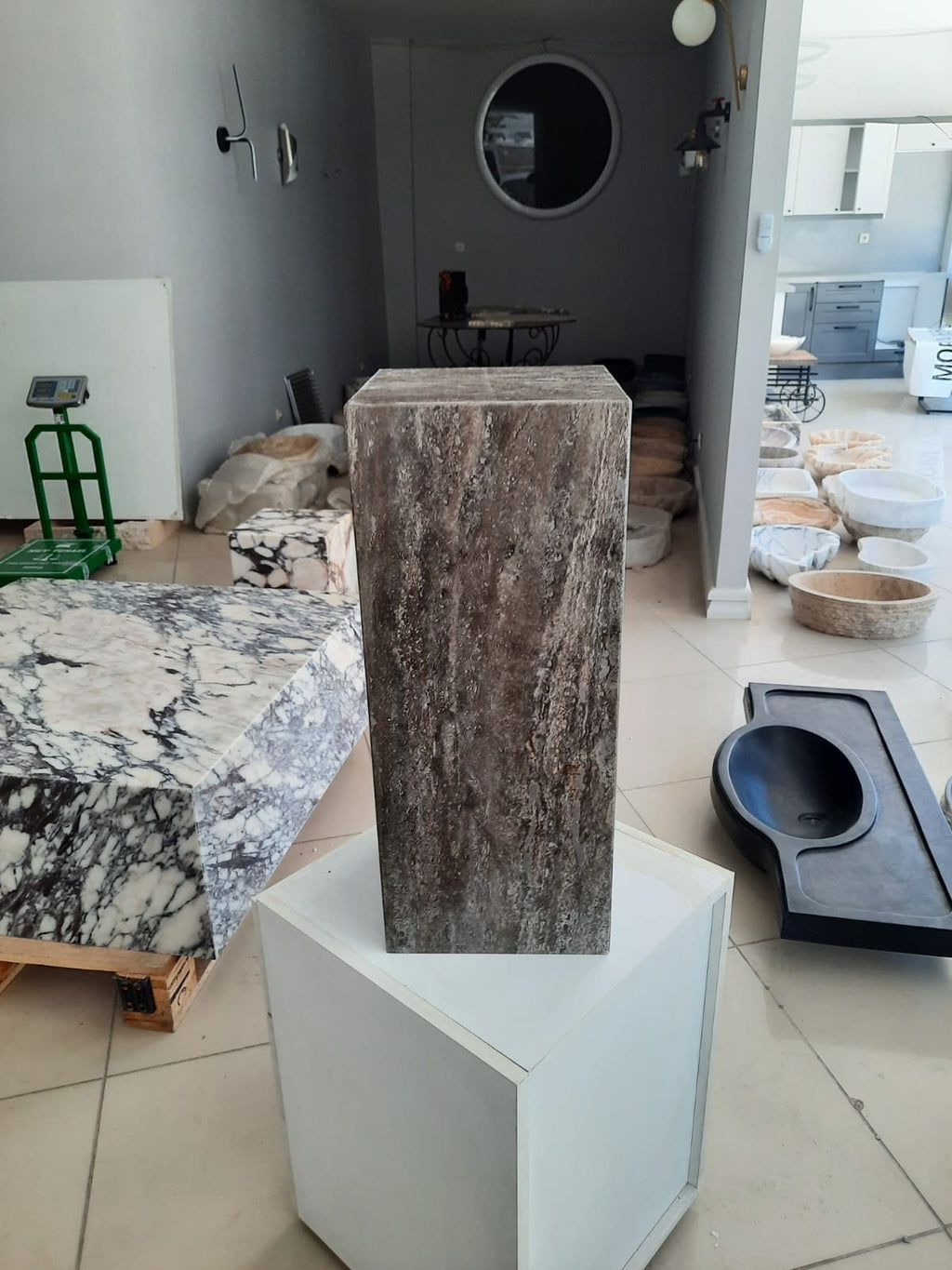 Silver Travertine Side Table: Custom Marble Plinth