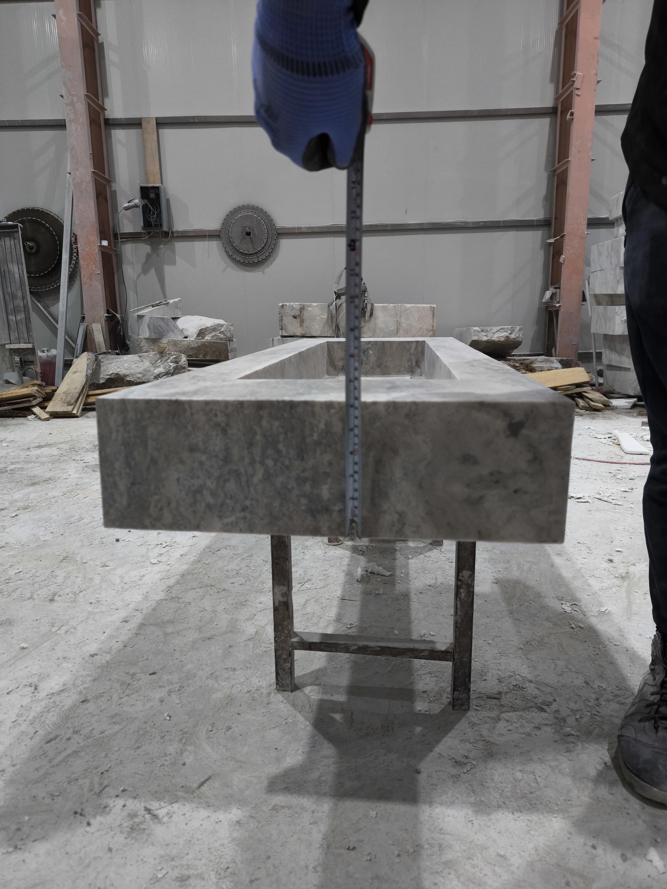 Handcrafted Silver Travertine Marble Sink: Thin Edge Rectangular Bathroom Sink (60x20x6)