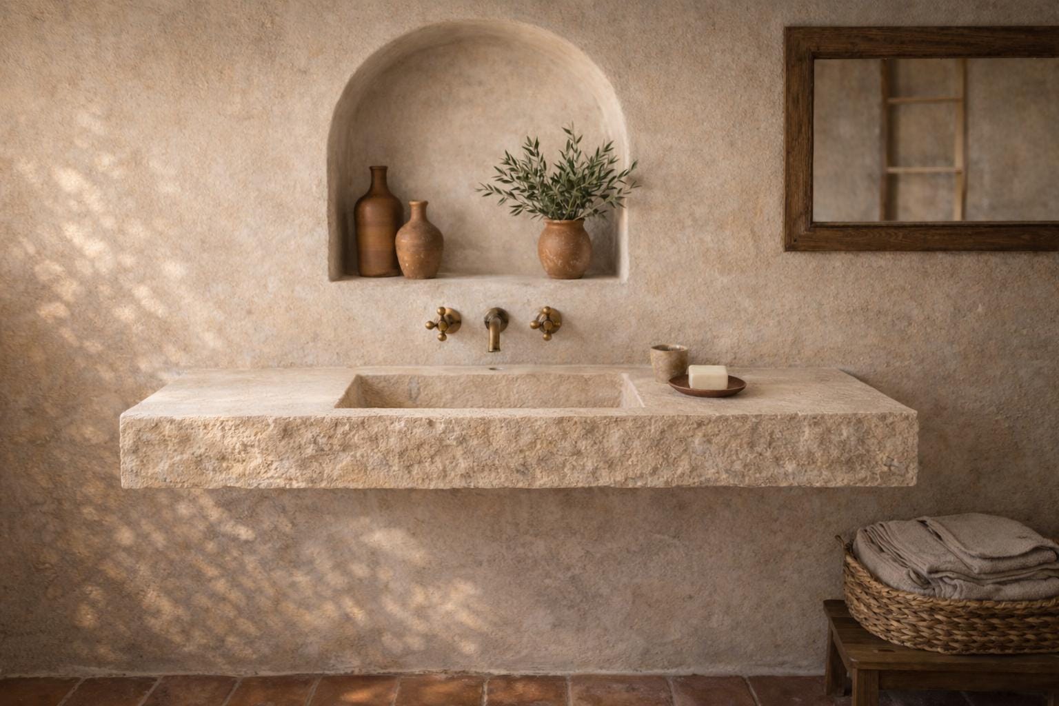 Handmade Travertine Marble Sink: Wall Mounted Natural Stone Washbasin