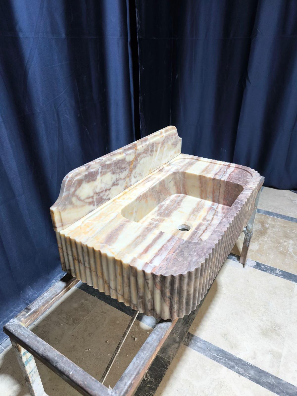 Handmade Pink Marble Sink with Backsplash - Wall Mounted Natural Stone