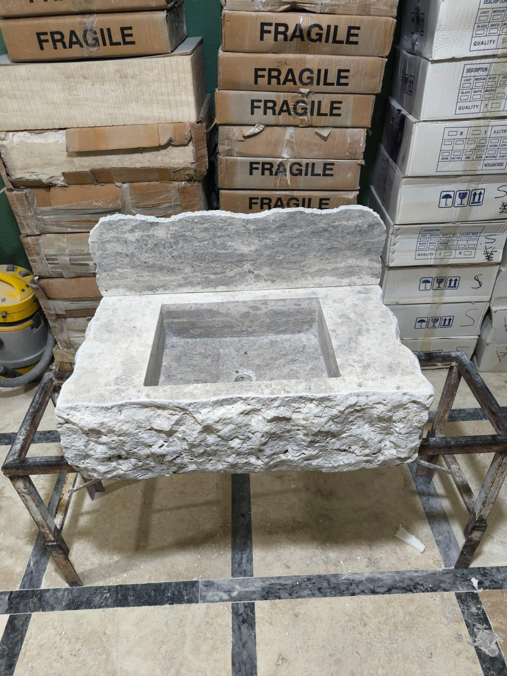 Complete Chiseled Natural Silver Travertine Sink: Rustic Powder Room, Wall Mount , Integrated Sinks