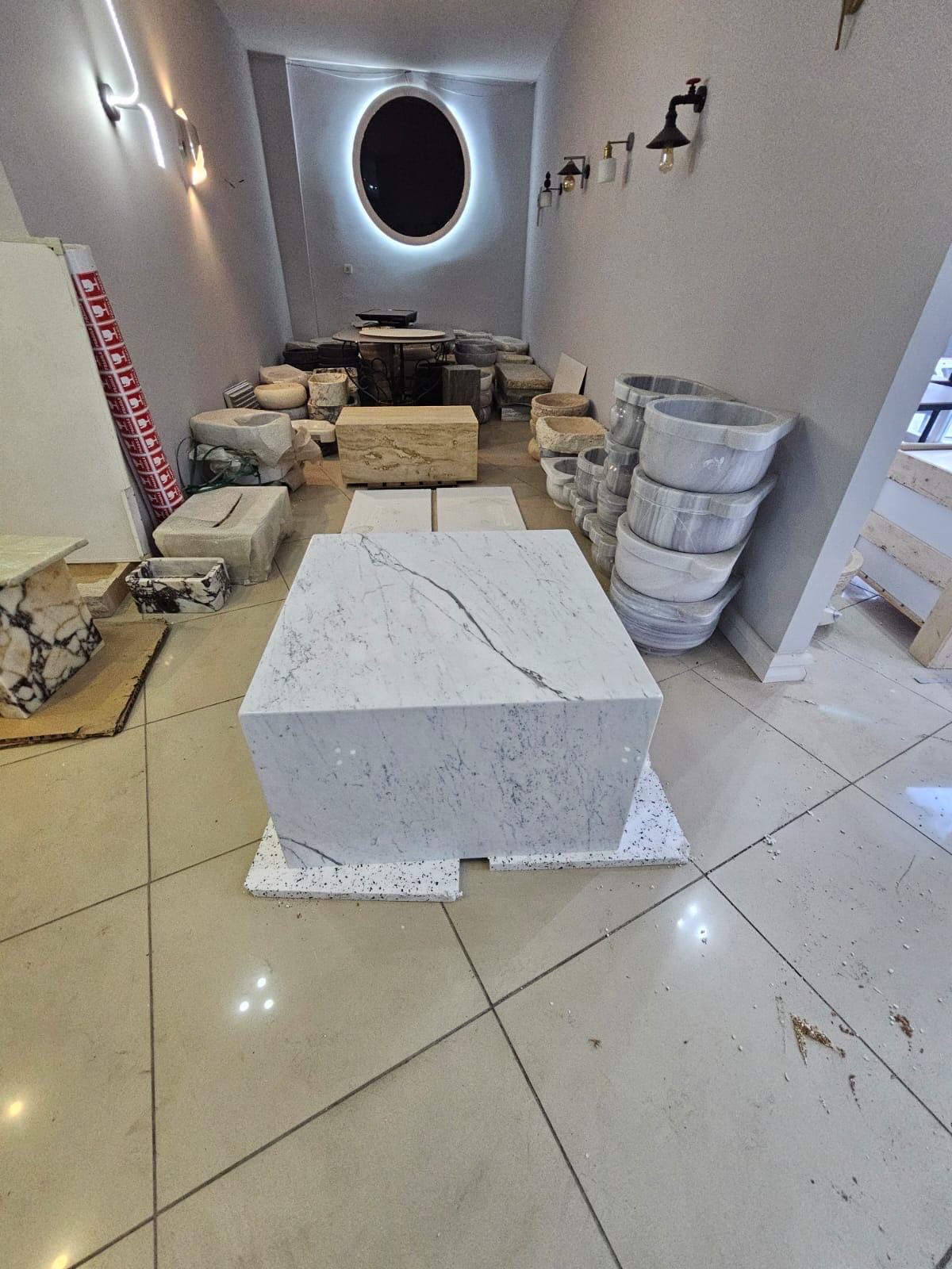 Carrara Marble Plinth Coffee Table: Custom Cube End Table