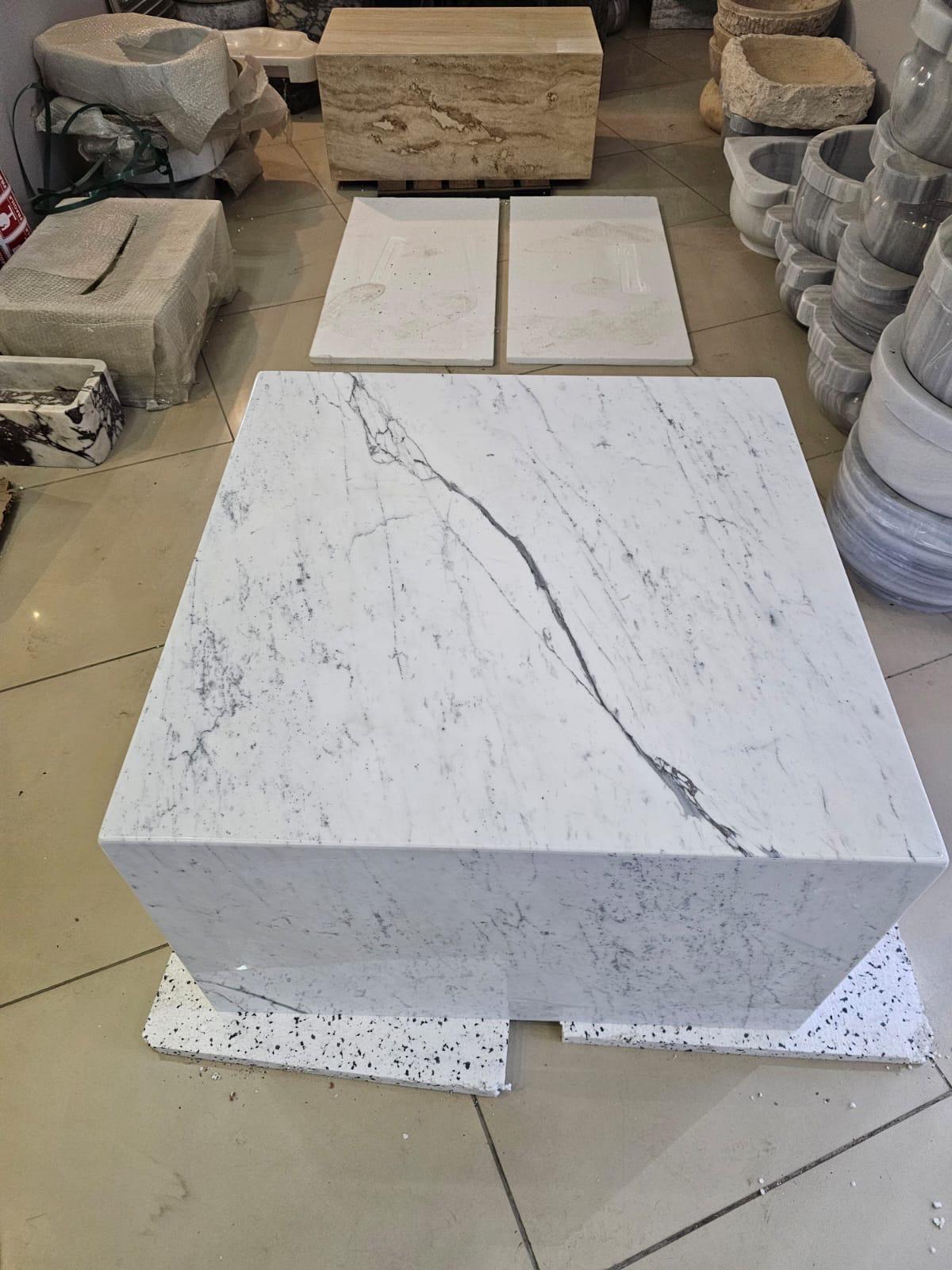 Carrara Marble Plinth Coffee Table: Custom Cube End Table