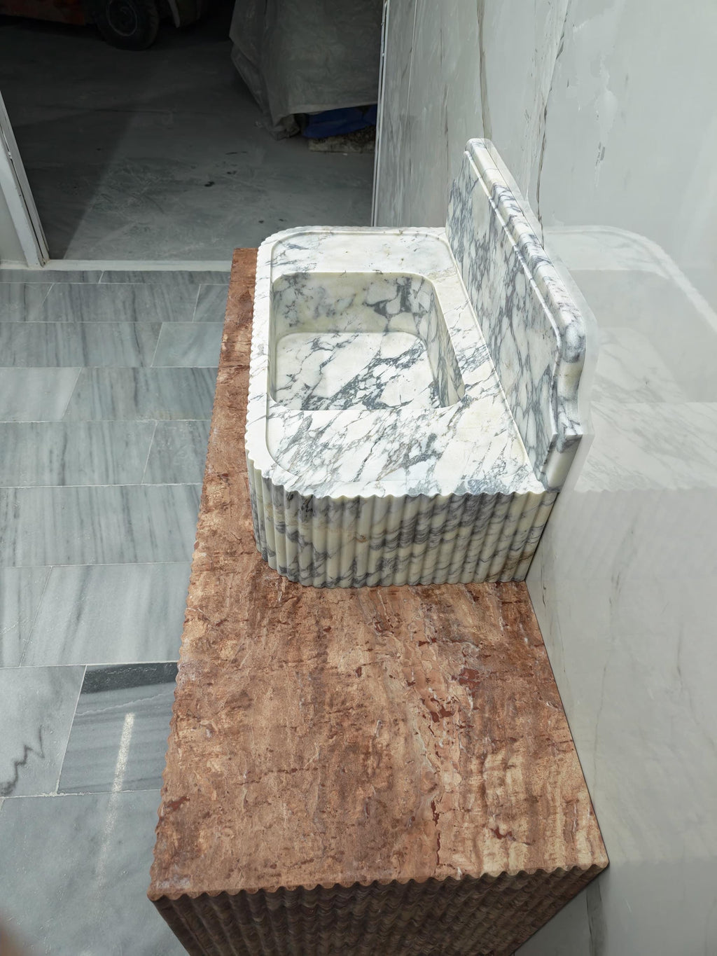 Custom honed calacatta viola Sink for 30”x16”x8” 8” backsplash