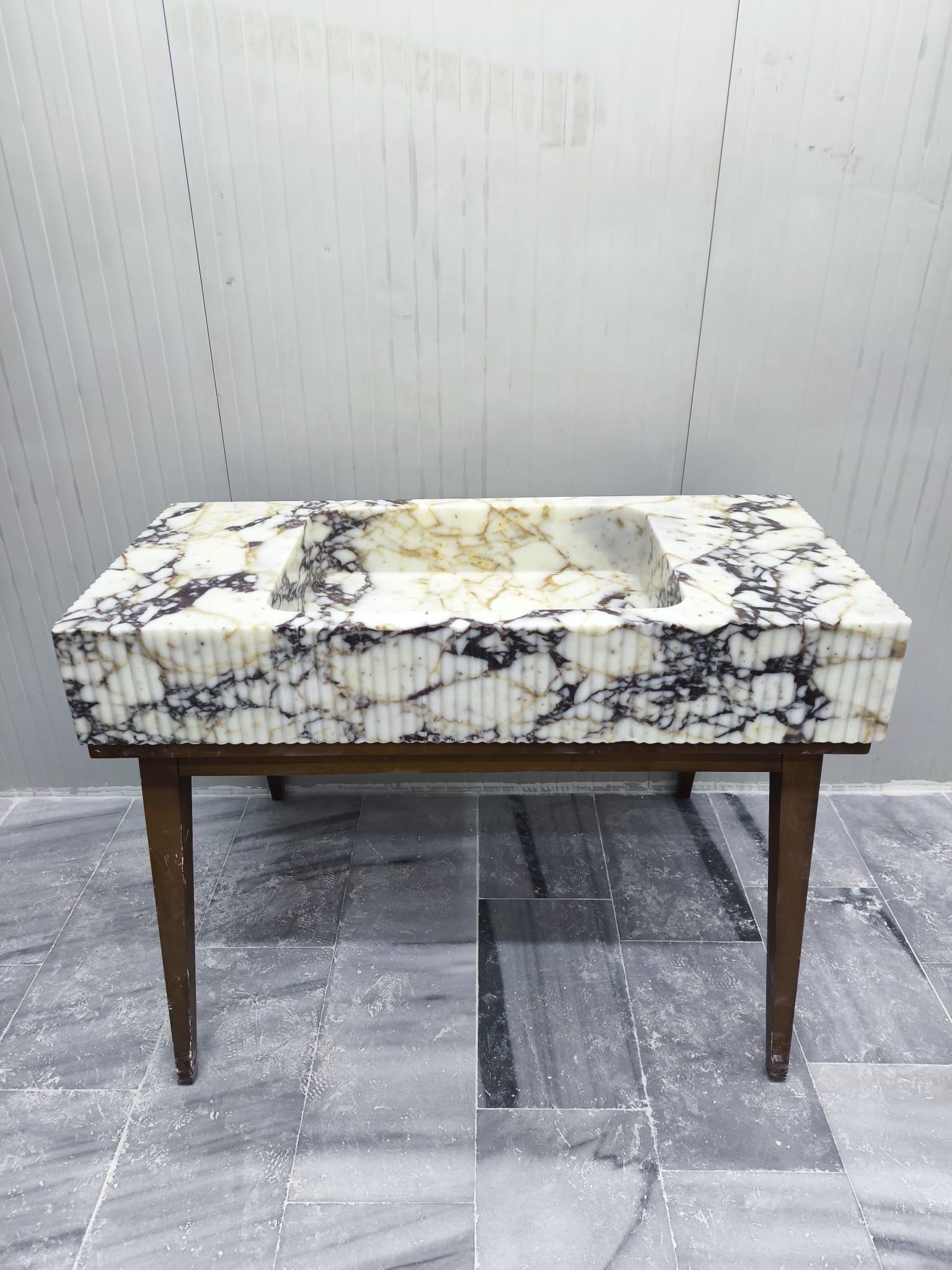 Hand Carved Calacatta Viola Marble Sink: Fluted Wall Mount Vessel 48"x22"x8"