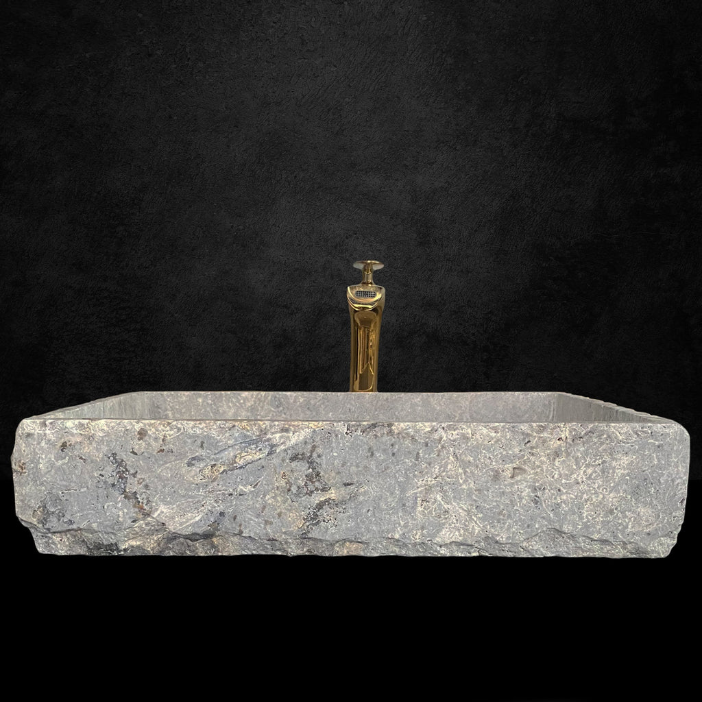 Handcrafted Silver Travertine Rectangular Sink: Natural Stone Washbasin
