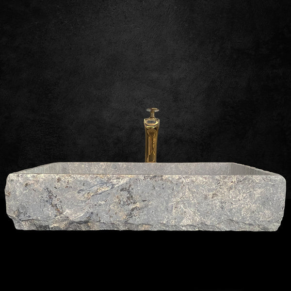 Handcrafted Silver Travertine Rectangular Sink: Natural Stone Washbasin