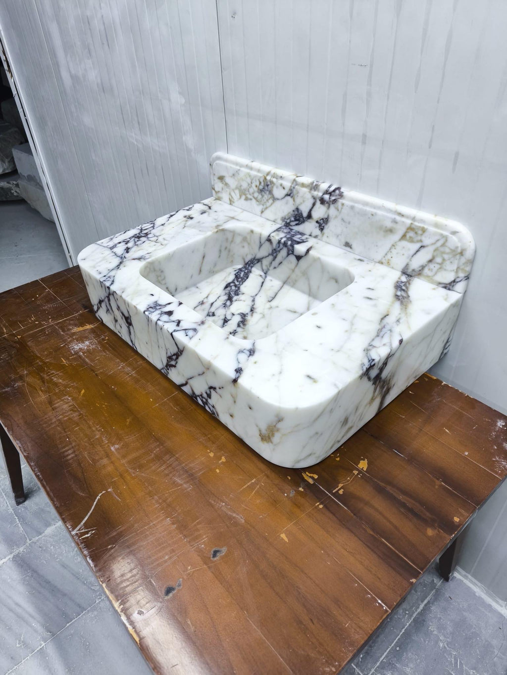 Calacatta Marble Wall Mount Bathroom Sink: Custom Powder Room Vanity