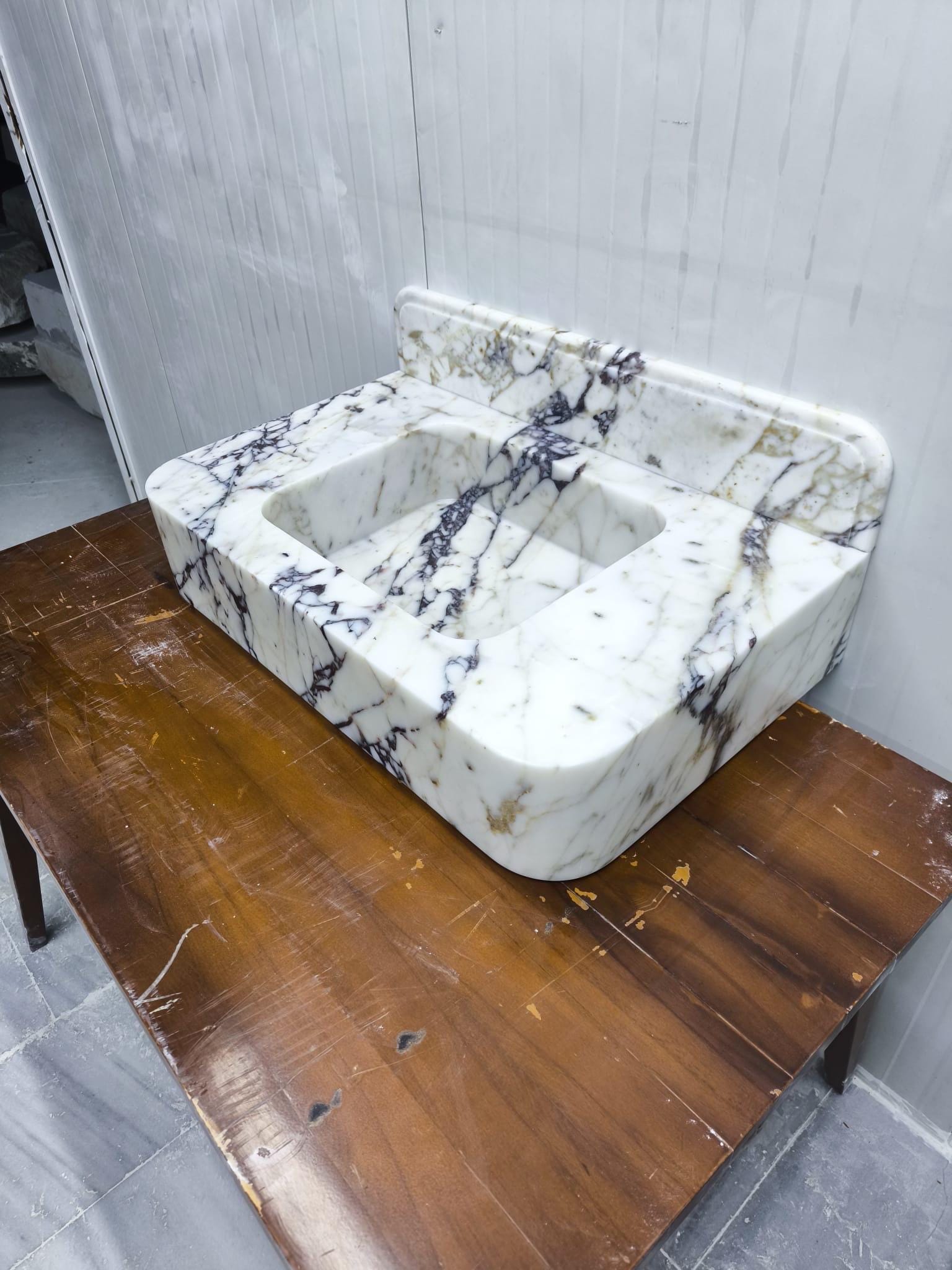 Calacatta Marble Wall Mount Bathroom Sink: Custom Powder Room Vanity