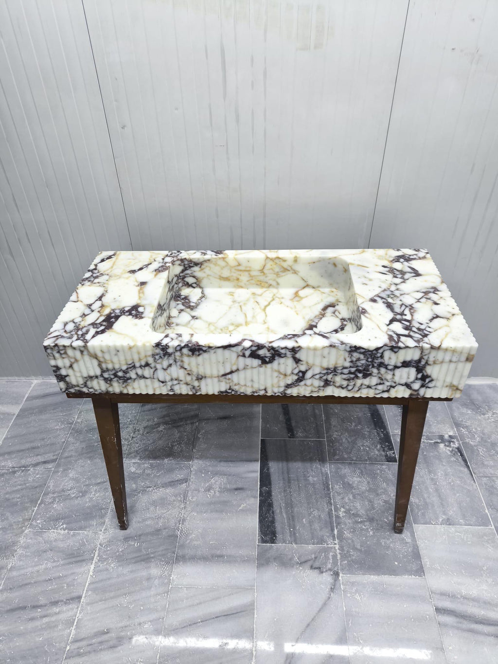 Hand Carved Calacatta Viola Marble Sink: Fluted Wall Mount Vessel 48"x22"x8"