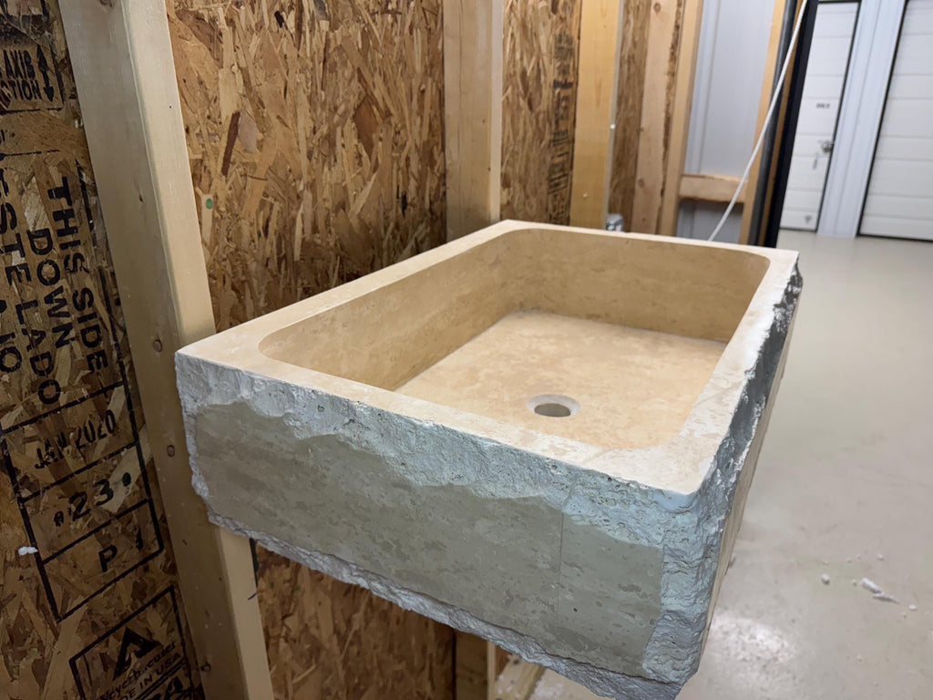 Hand Carved Travertine Marble Sink - Custom Bathroom Vanity (27”x 18” x 7”)