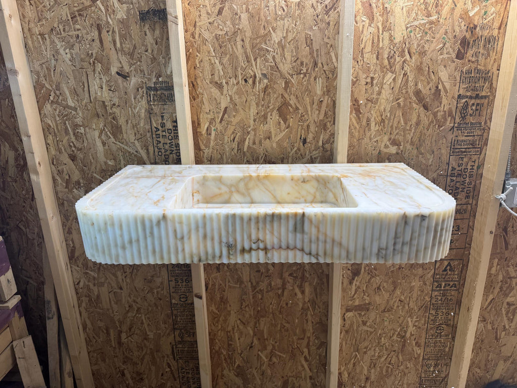 Handcrafted Calacatta Viola Marble Wall Mounted Sink: Natural Stone Basin