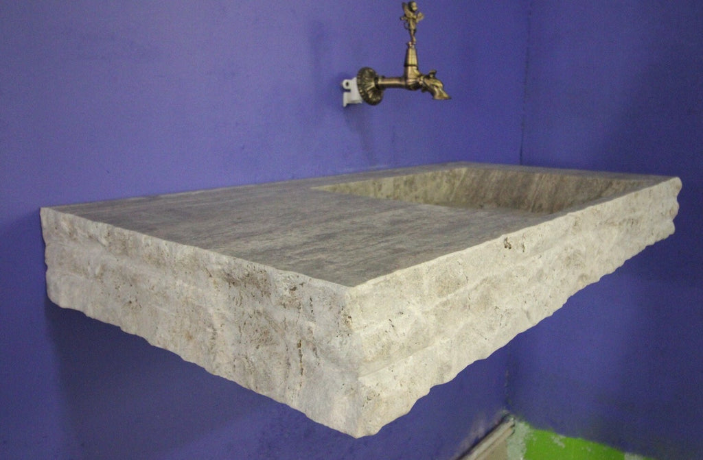 Silver Travertine Wall Mounted Sink with Backsplash: Natural Stone Bathroom Decor