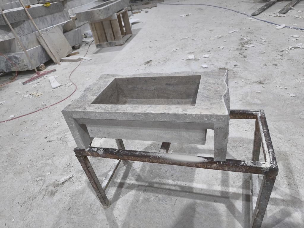 Complete Silver Travertine Stone Sink: Rustic Powder Room, Natural Marble