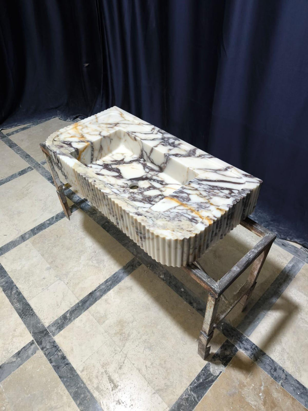 Hand Carved Calacatta Viola Marble Sink: Fluted Vessel Washbasin