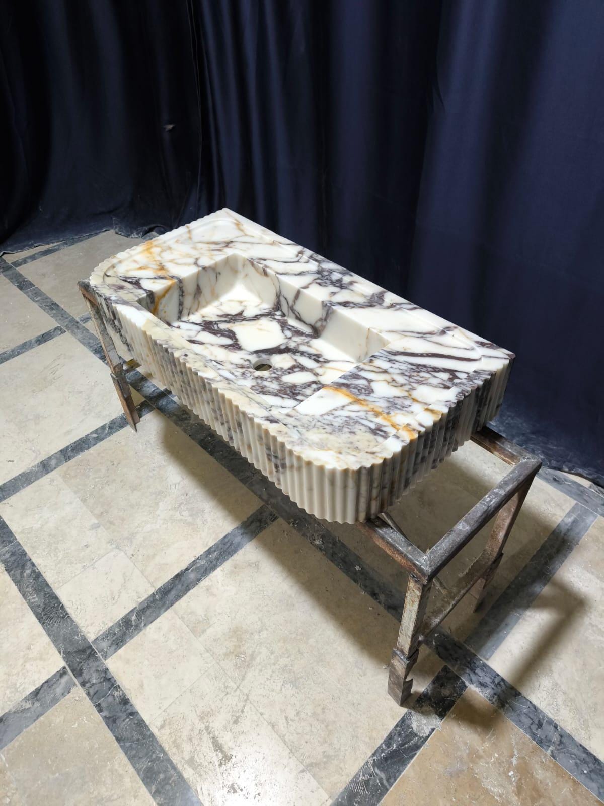 Hand Carved Calacatta Viola Marble Sink: Fluted Vessel Washbasin