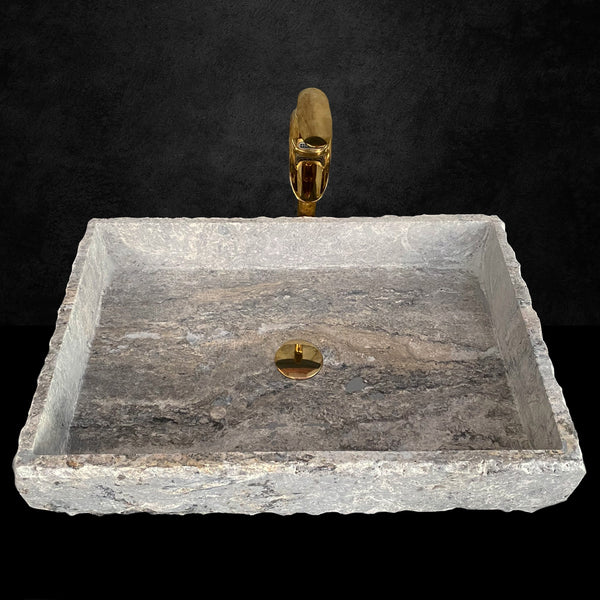 Handcrafted Silver Travertine Rectangular Sink: Natural Stone Washbasin