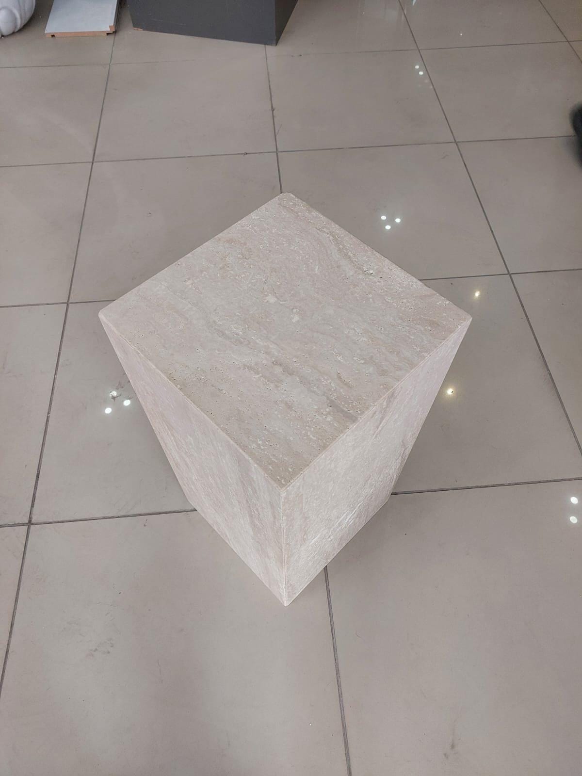 Silver Travertine Side Table: Custom Marble Plinth