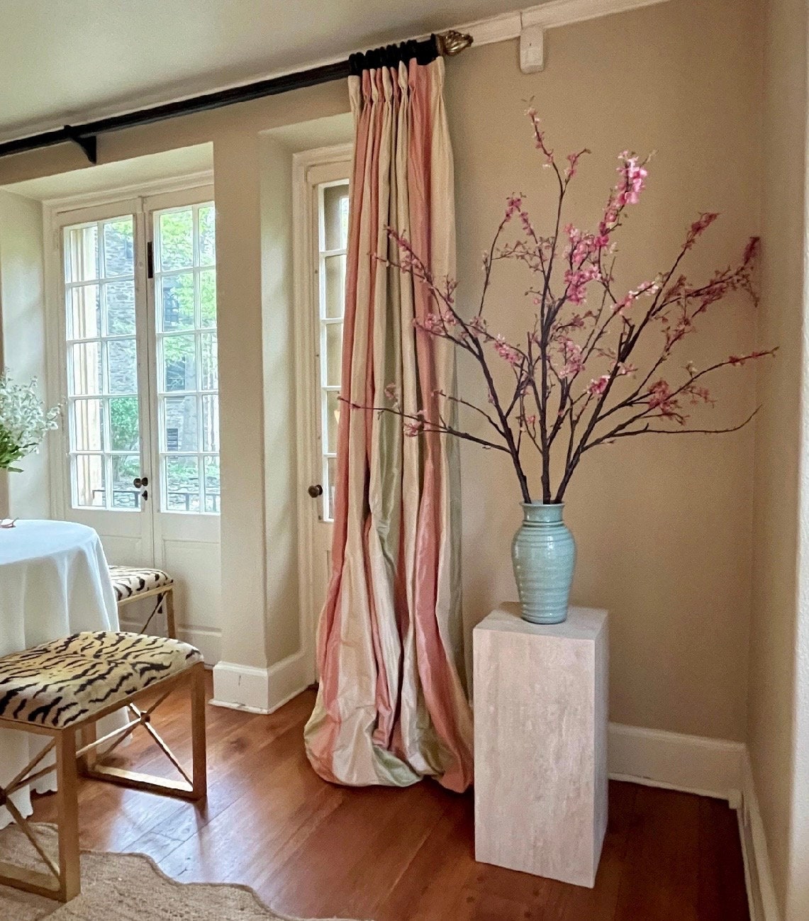 Silver Travertine Side Table: Custom Marble Plinth