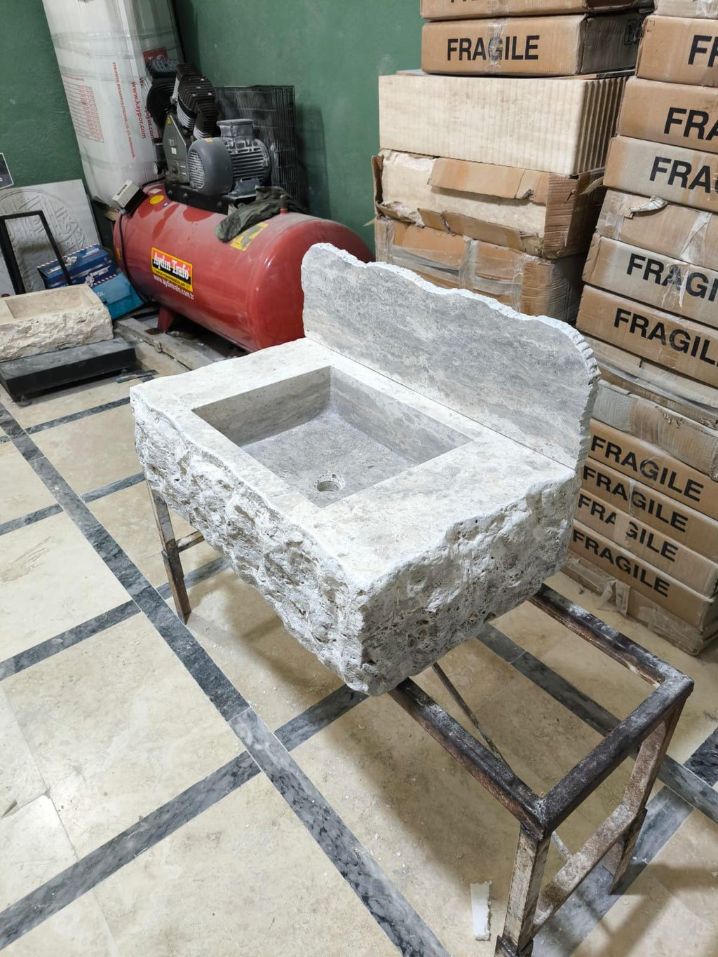 Complete Chiseled Natural Silver Travertine Sink: Rustic Powder Room, Wall Mount , Integrated Sinks