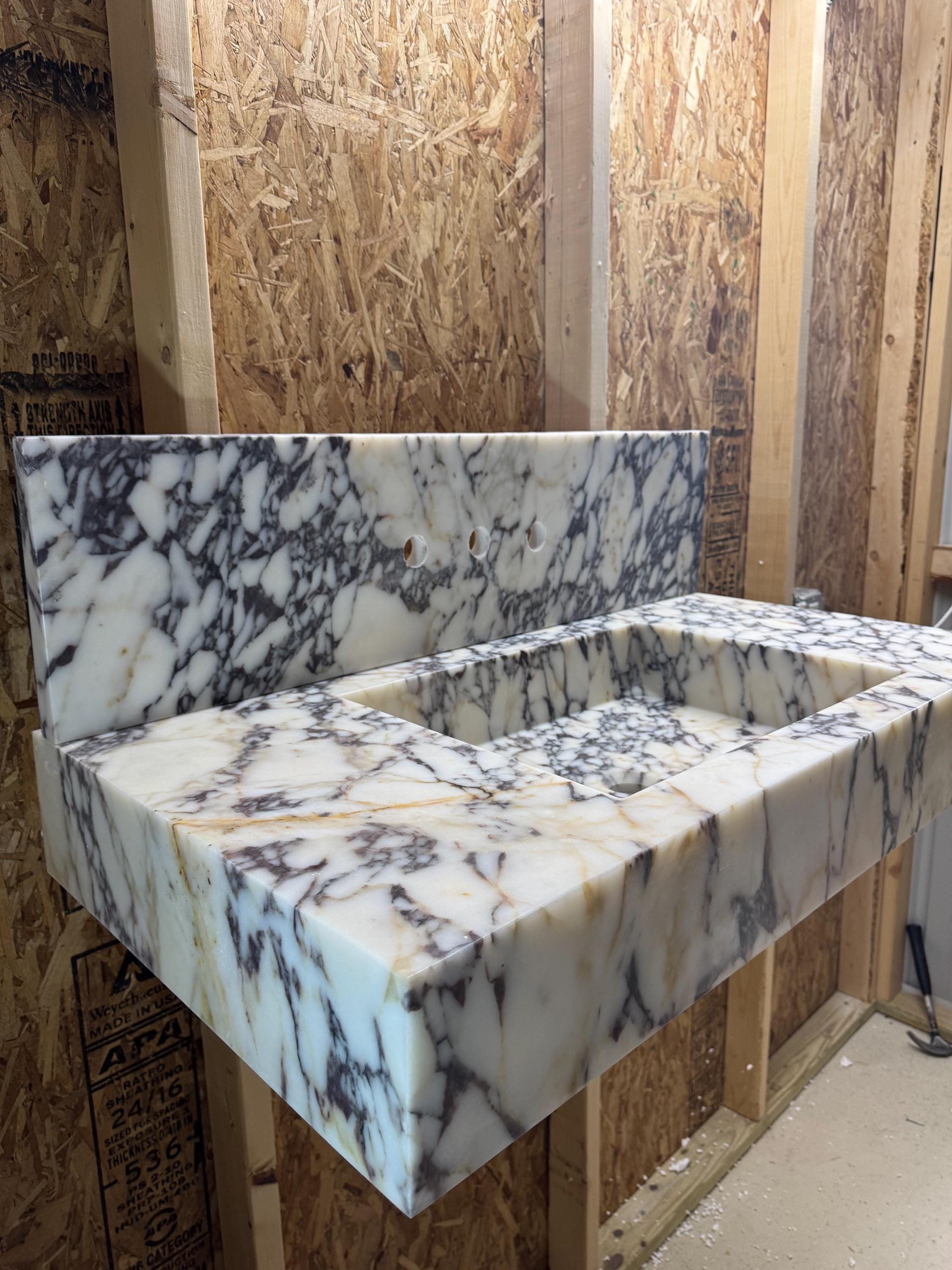 Handmade Calacatta Marble Wall Mount Sink with Backsplash