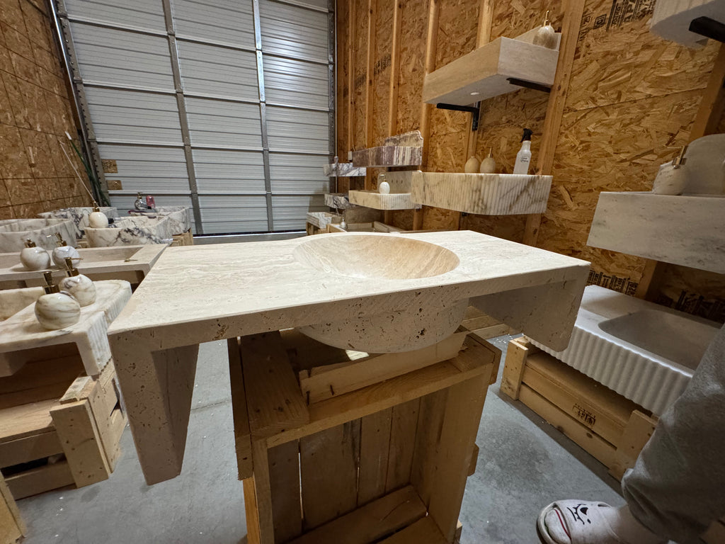 Complete Modern Travertine Vessel Sink: Natural Stone Bathroom Sink (27'' x14''x 7'')