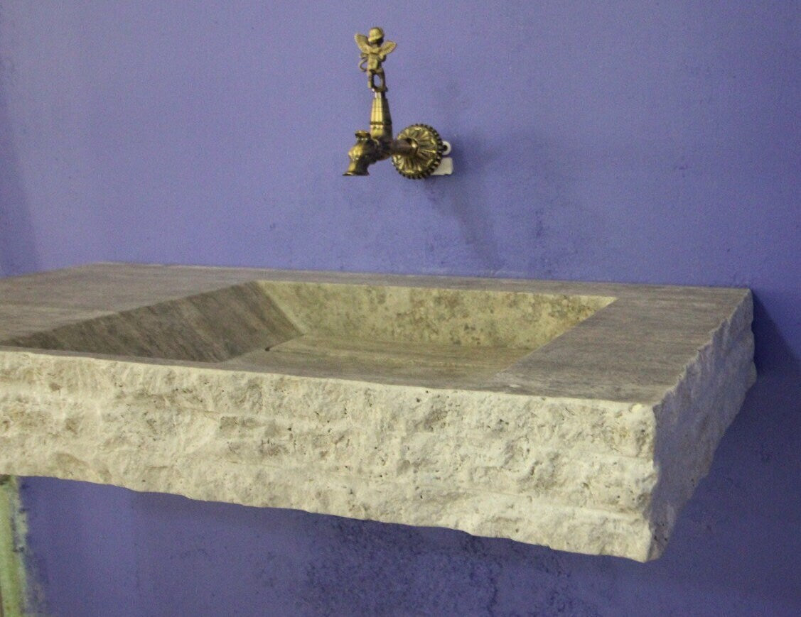 Silver Travertine Wall Mounted Sink with Backsplash: Natural Stone Bathroom Decor