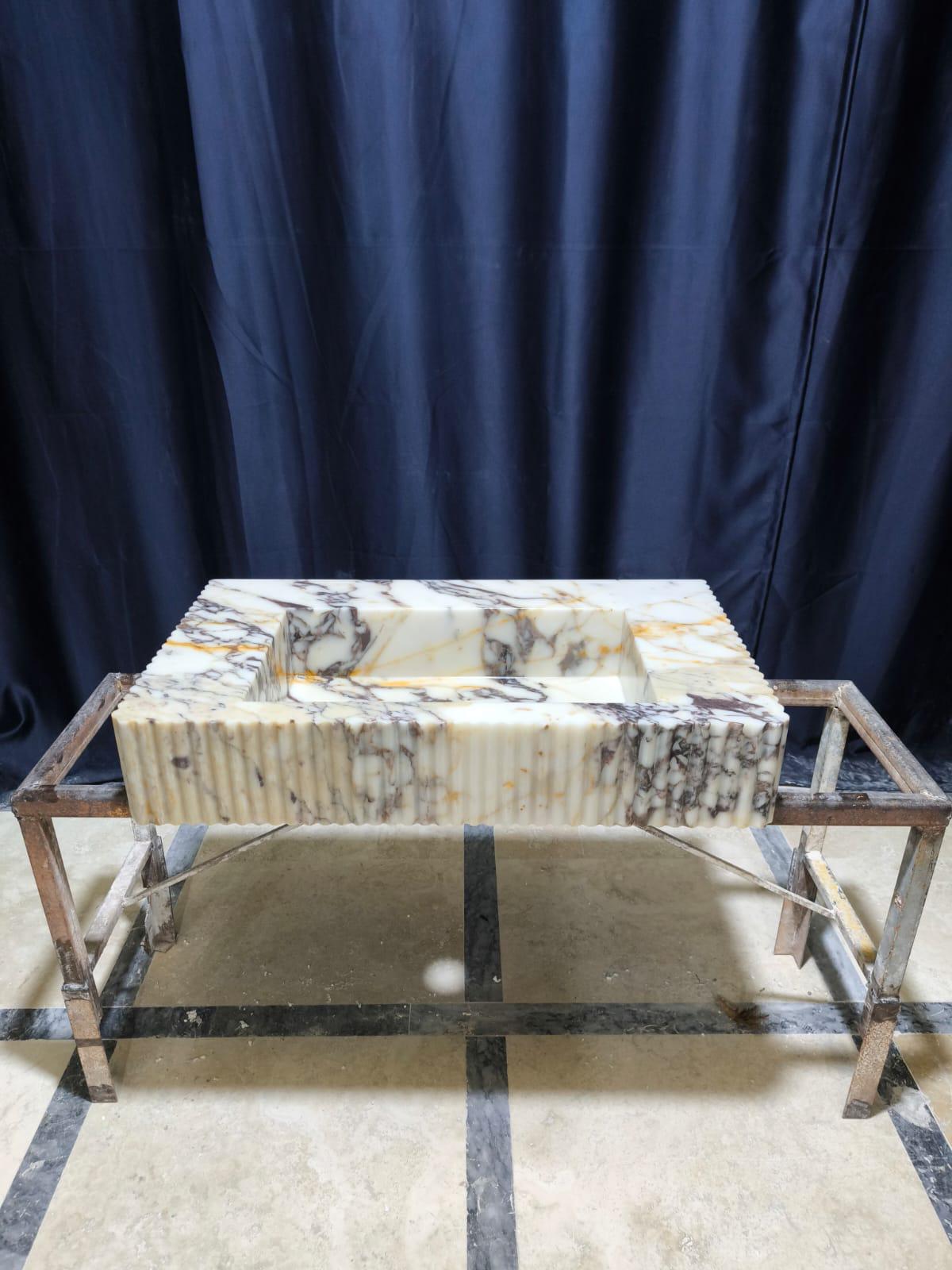 Calacatta Marble Fluted Sink: Wall Mounted Natural Stone Washbasin