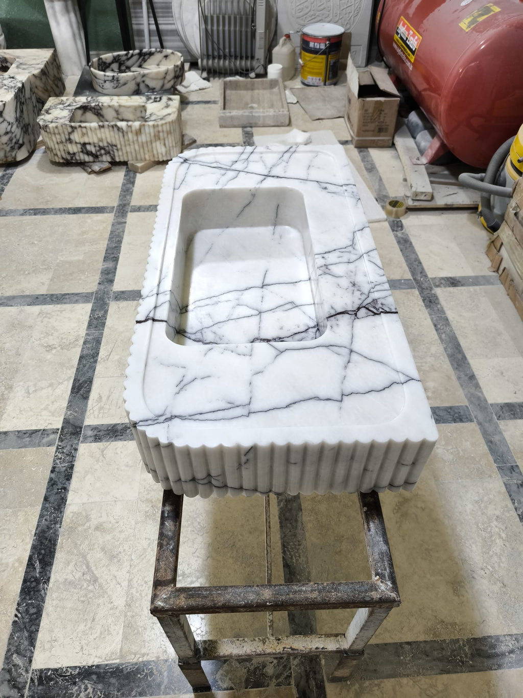 Handmade Carrara White Marble Sink: Fluted Design integrated sink