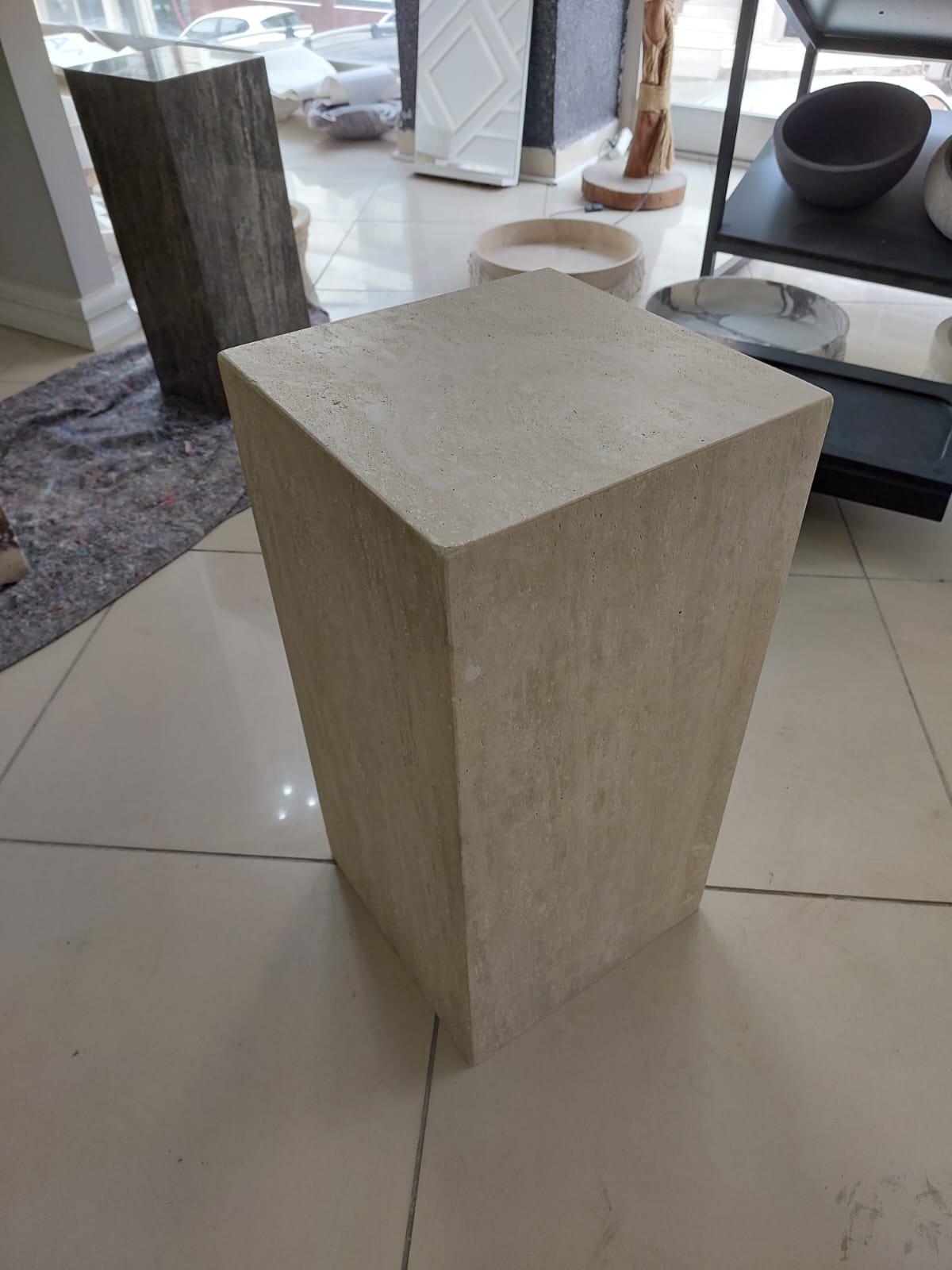 Silver Travertine Side Table: Custom Marble Plinth