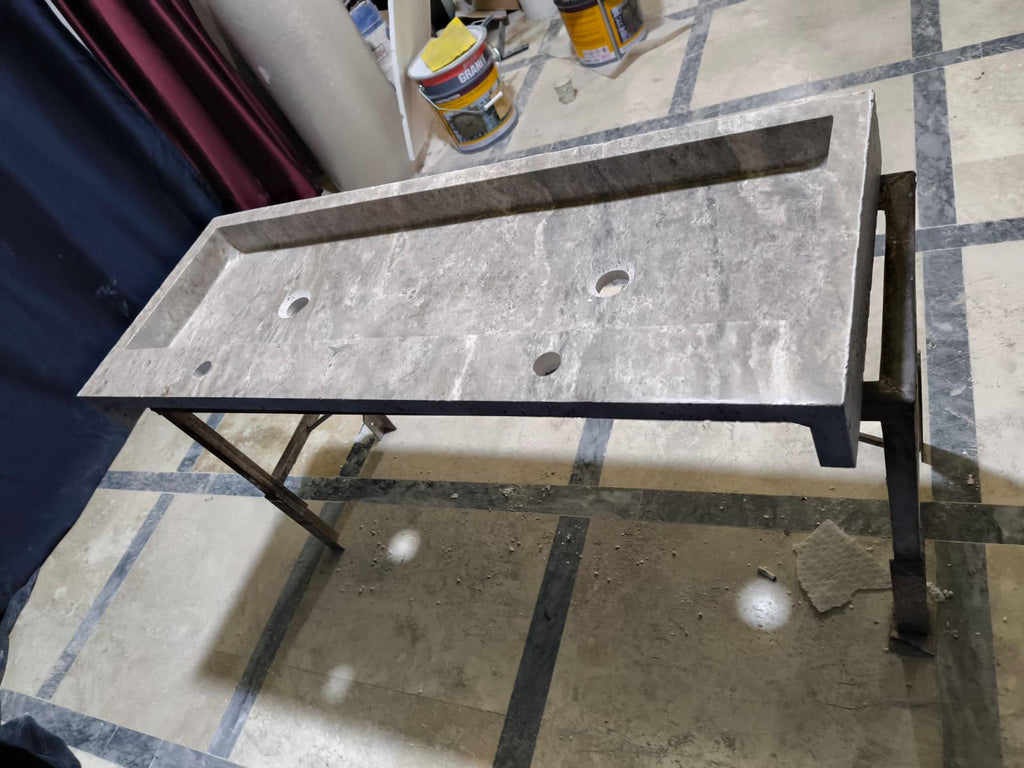 Handmade Double Travertine Marble Sink: 47" Bathroom Vanity