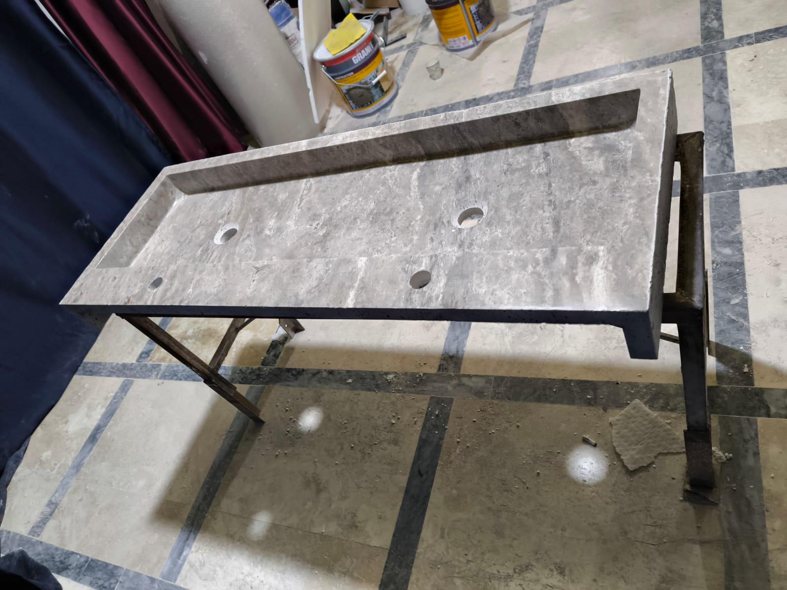 Handmade Double Travertine Marble Sink: 47" Bathroom Vanity