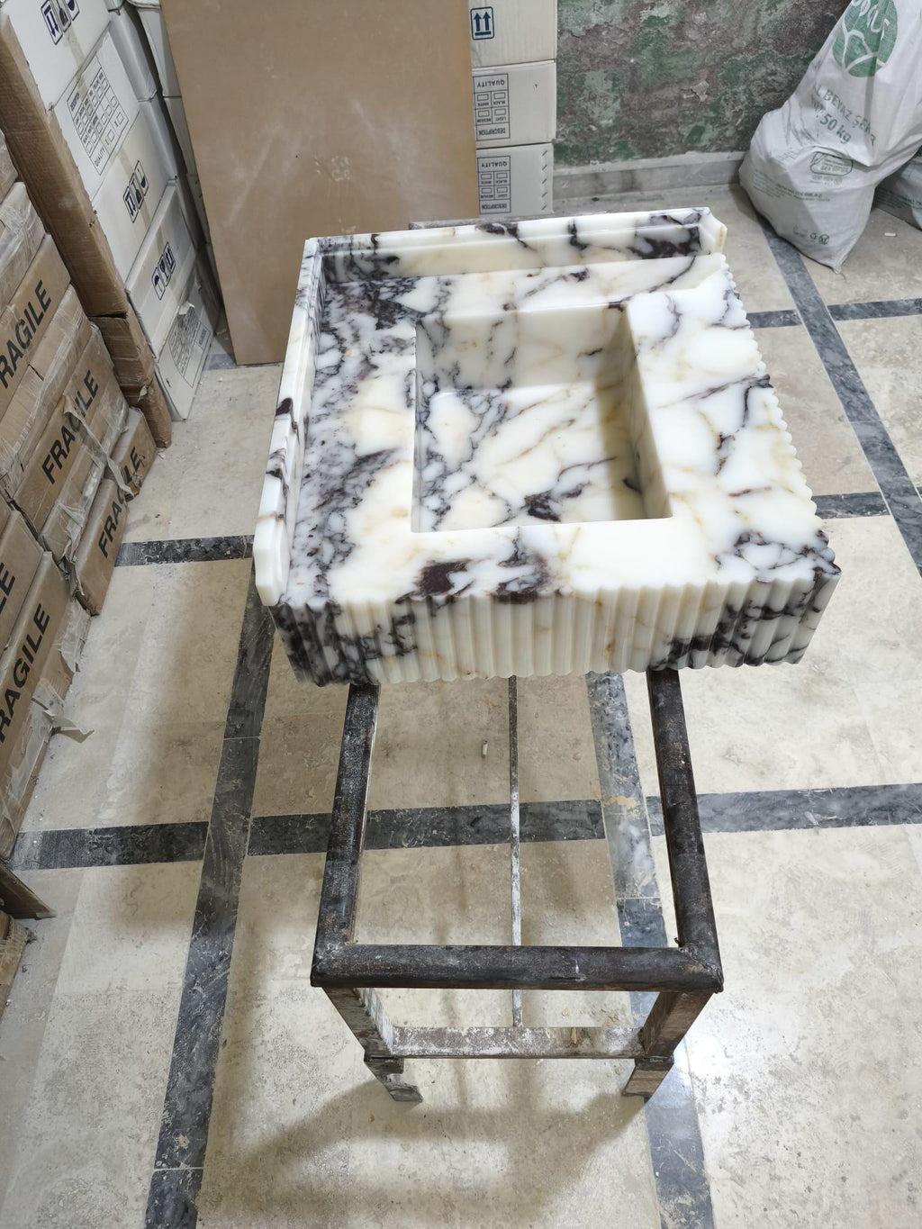 Calacatta Viola Marble Sink: Wall Mounted Bathroom Sink with Backsplash 22"x21"x6"
