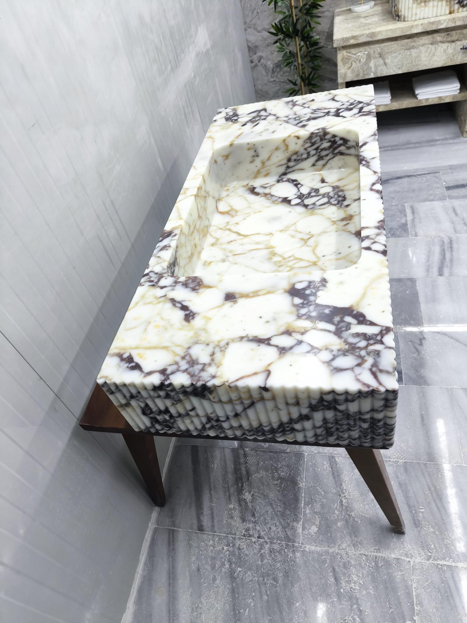 Hand Carved Calacatta Viola Marble Sink: Fluted Wall Mount Vessel 48"x22"x8"