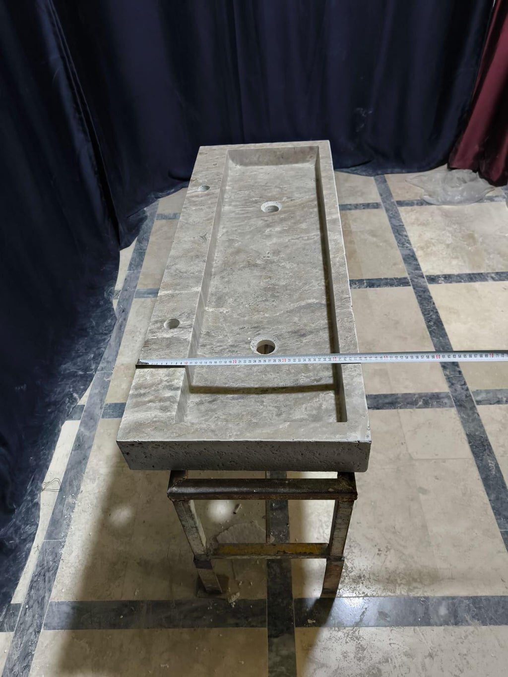 Handmade Double Travertine Marble Sink: 47" Bathroom Vanity