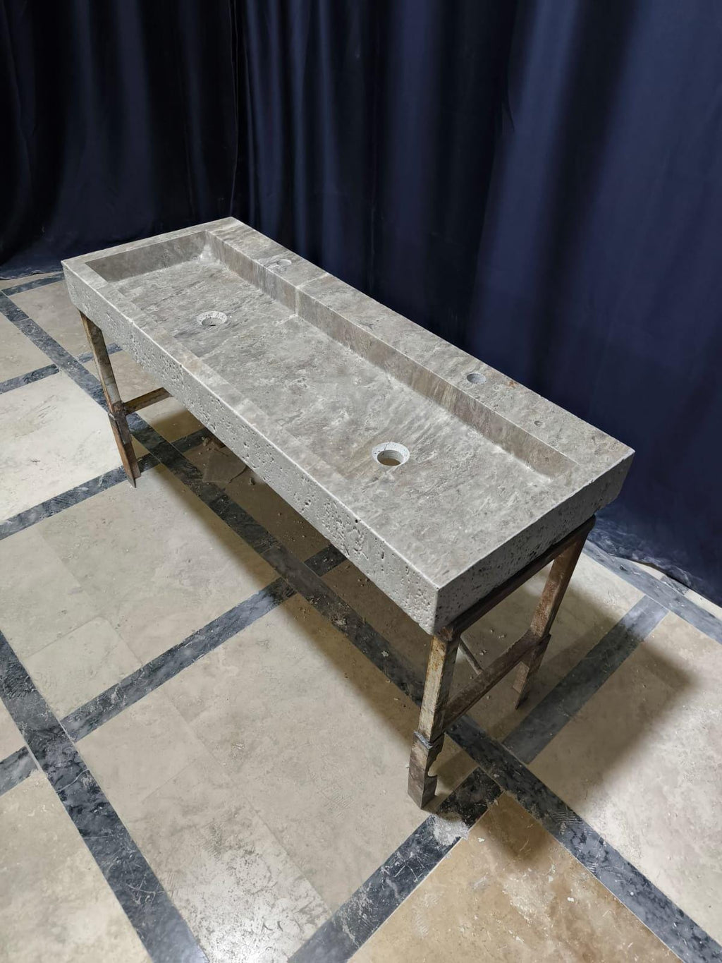 Handmade Double Travertine Marble Sink: 47" Bathroom Vanity