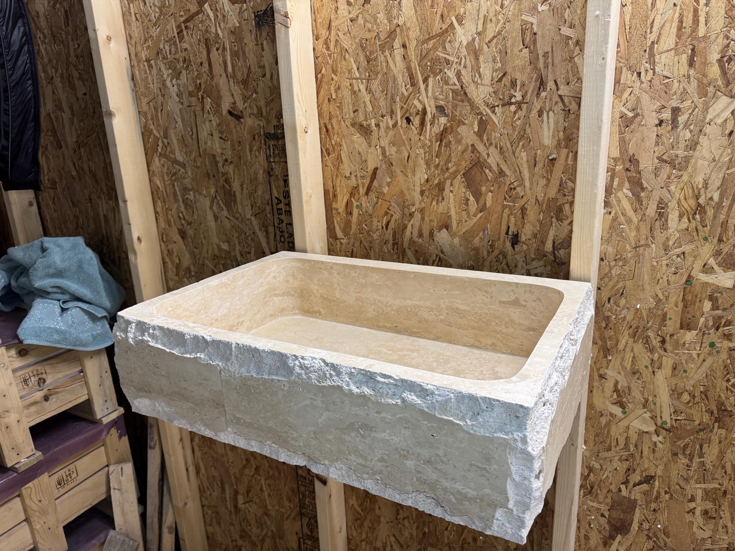 Hand Carved Travertine Marble Sink - Custom Bathroom Vanity (27”x 18” x 7”)