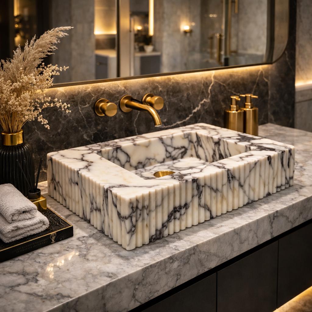 Calacatta Viola Marble Sink: Wall Mounted Bathroom Sink with Backsplash 22"x21"x6"