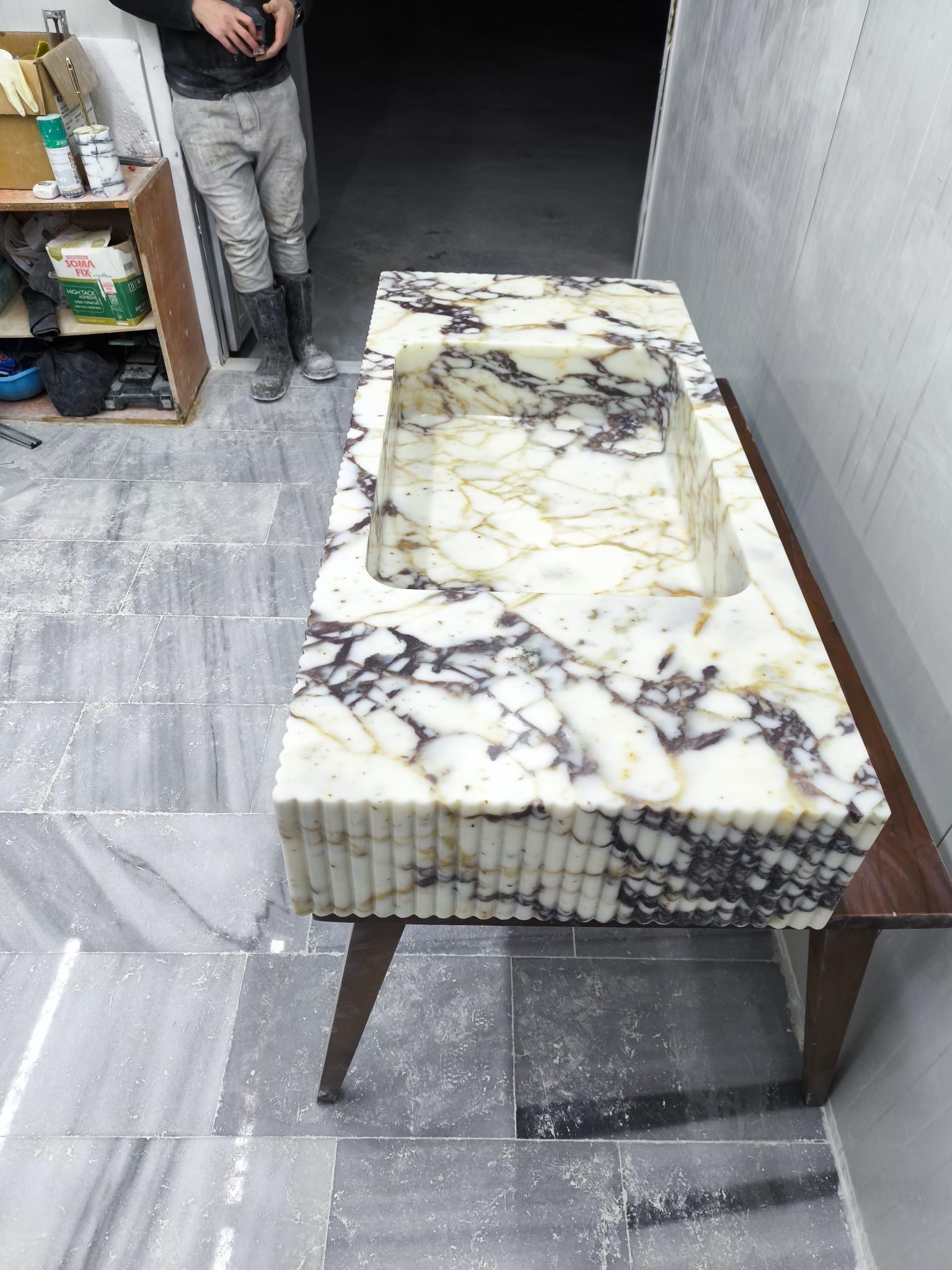 Hand Carved Calacatta Viola Marble Sink: Fluted Wall Mount Vessel 48"x22"x8"