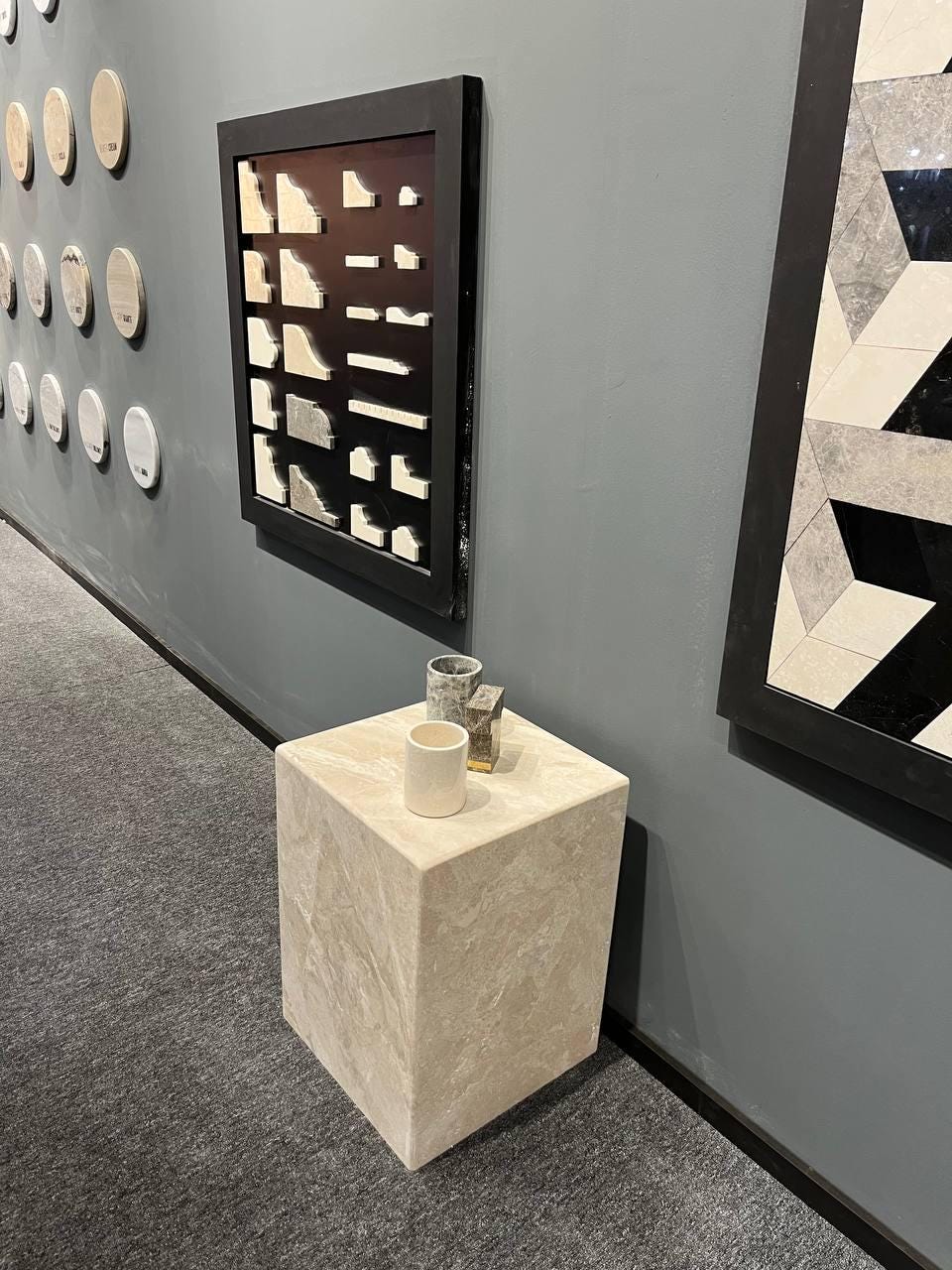 Silver Travertine Side Table: Custom Marble Plinth