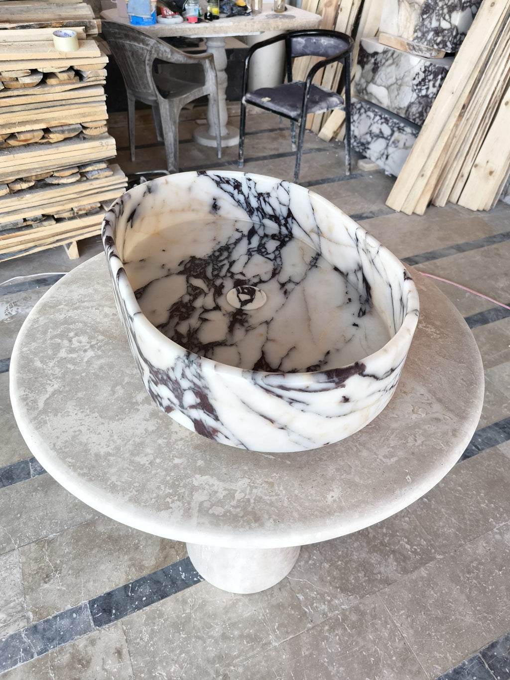 Calacatta Viola Marble Sink: Hand Carved Rounded Stone Sink