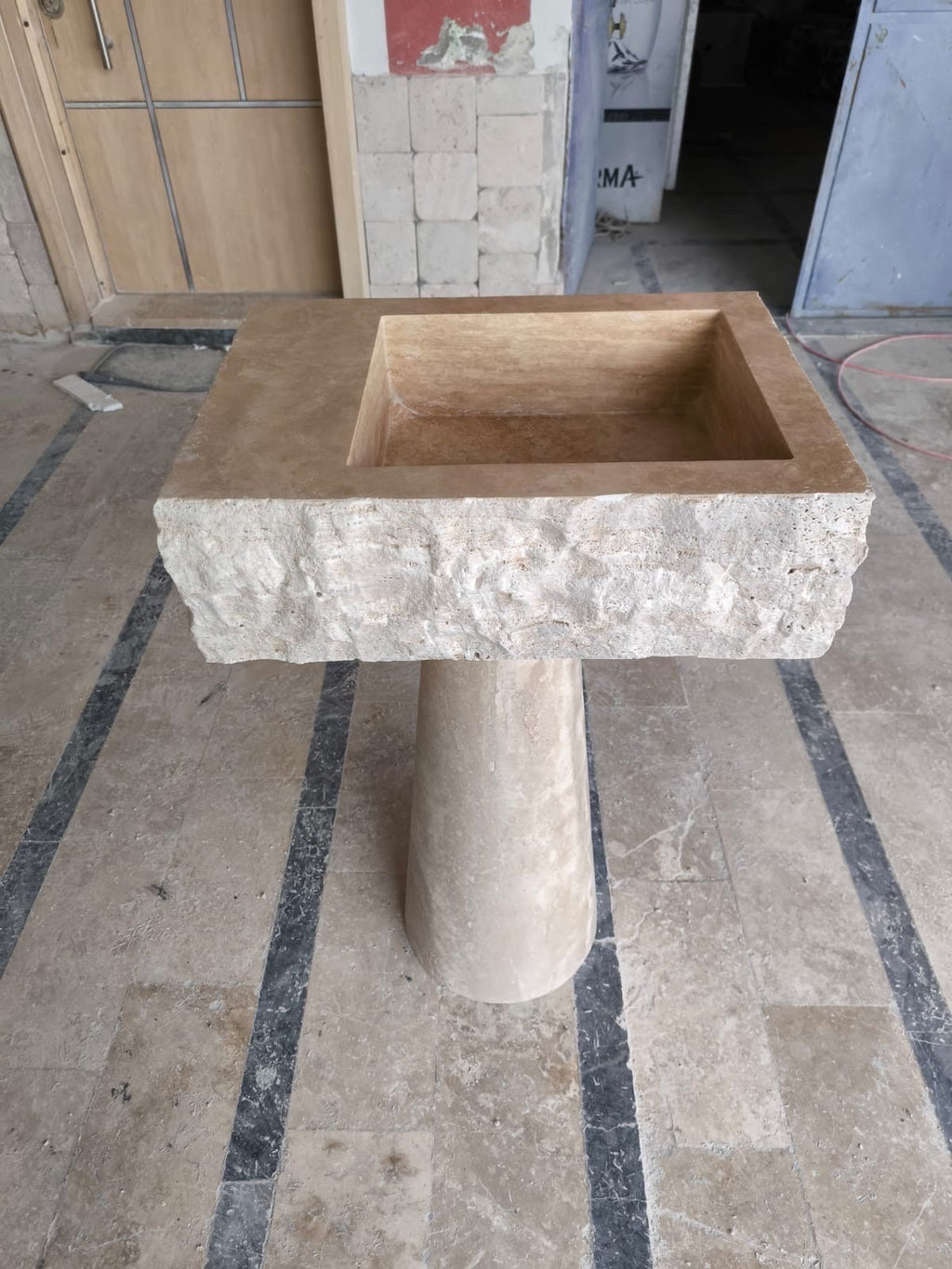 Handcrafted Travertine Marble Sink: Wall Mounted Washbasin with Faucet Hole