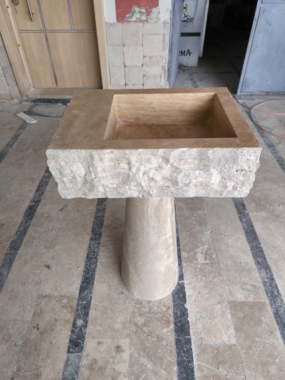 Handcrafted Travertine Marble Sink: Wall Mounted Washbasin with Faucet Hole