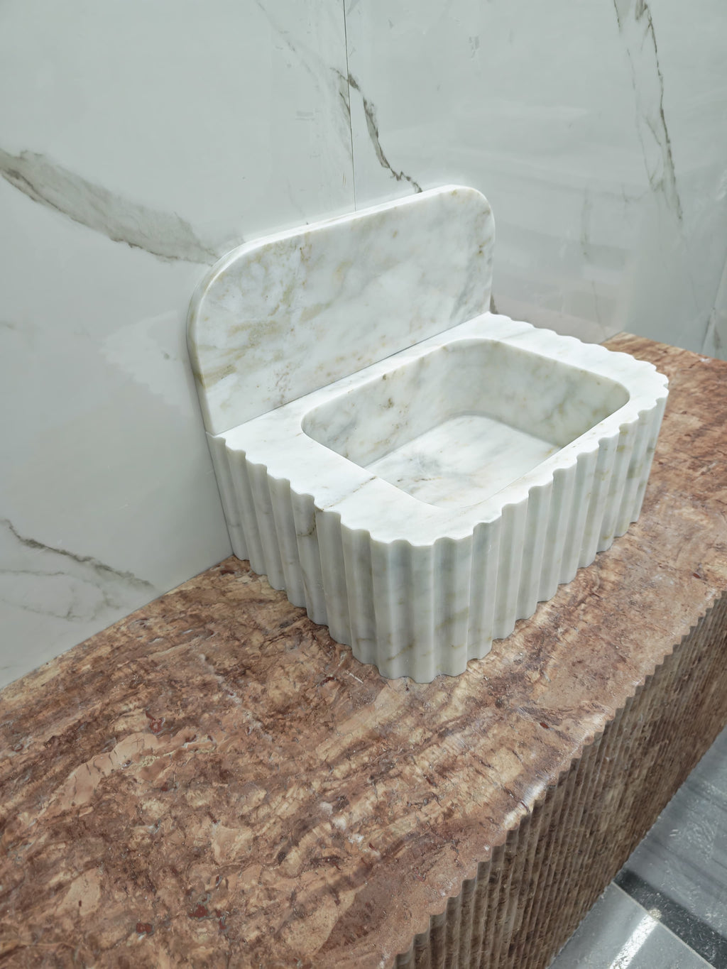 Ivory -cream 18”x14”x8” 8” backsplash Modern Fluted Powder Room Sink